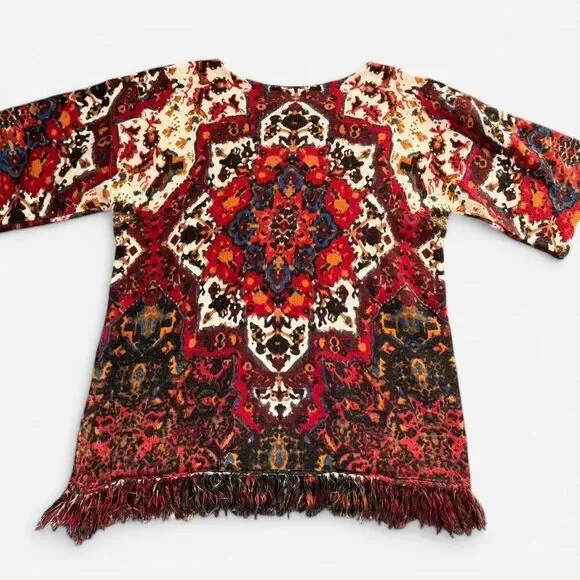 Burgundy and Red Tapestry Short Sleeve Knit Top with Bottom Hem Fringe - Picture 6 of 8